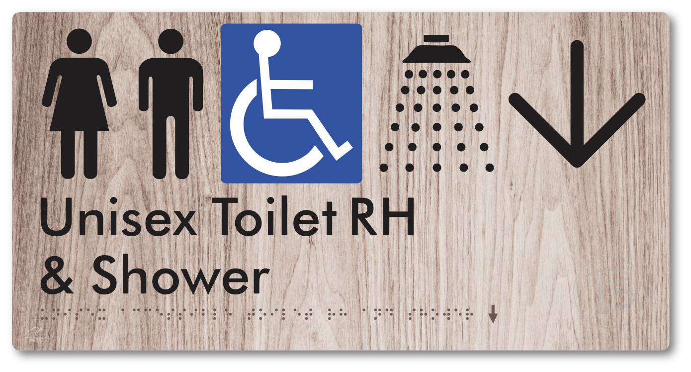 Unisex Accessible Toilet RH & Shower with Large Directional Arrow - Braille Tactile Signs Aust.