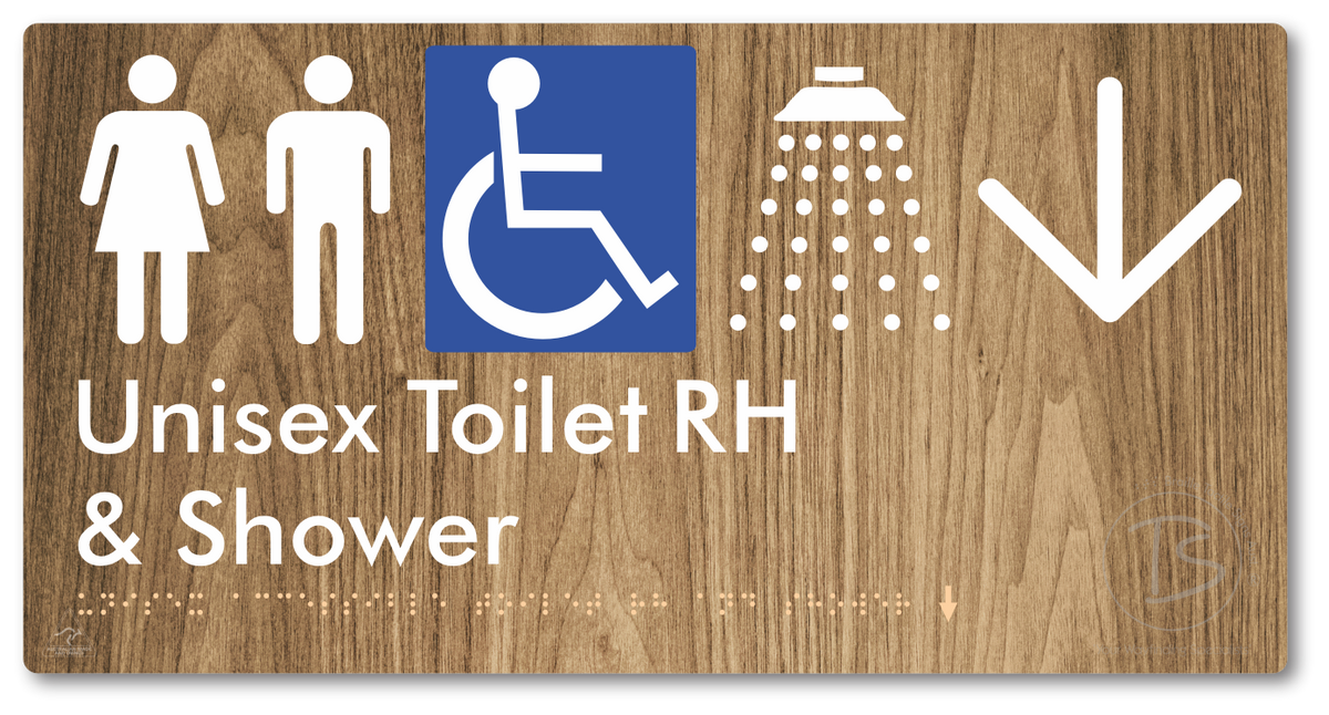 Unisex Accessible Toilet RH & Shower with Large Directional Arrow - Braille Tactile Signs Aust.