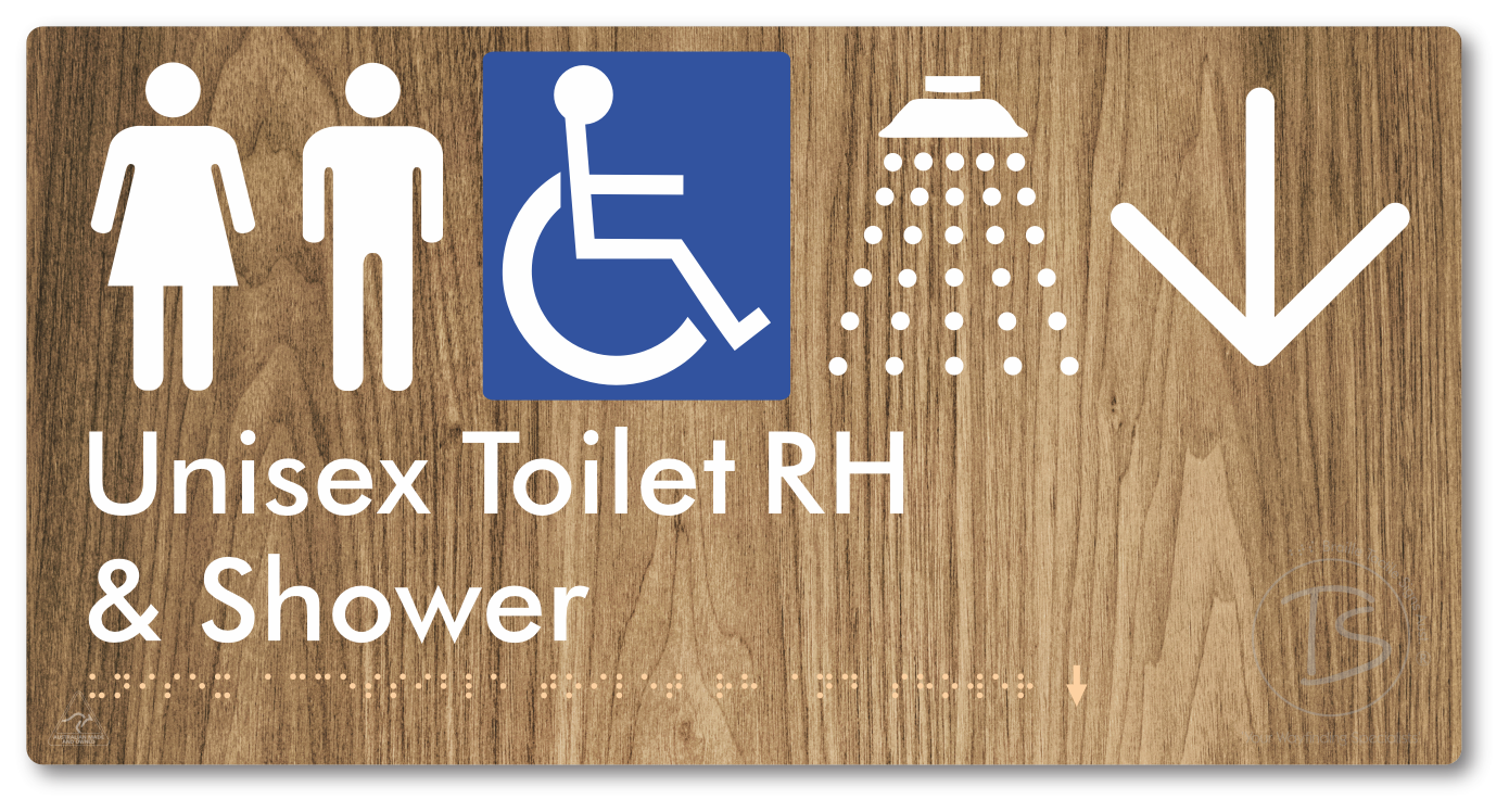Unisex Accessible Toilet RH & Shower with Large Directional Arrow - Braille Tactile Signs Aust.