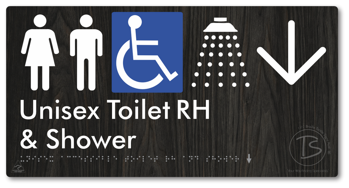 Unisex Accessible Toilet RH & Shower with Large Directional Arrow - Braille Tactile Signs Aust.