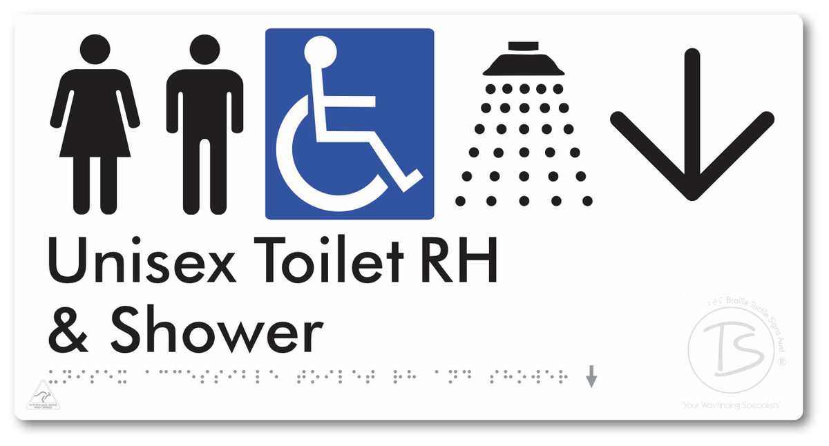 Unisex Accessible Toilet RH & Shower with Large Directional Arrow - Braille Tactile Signs Aust.