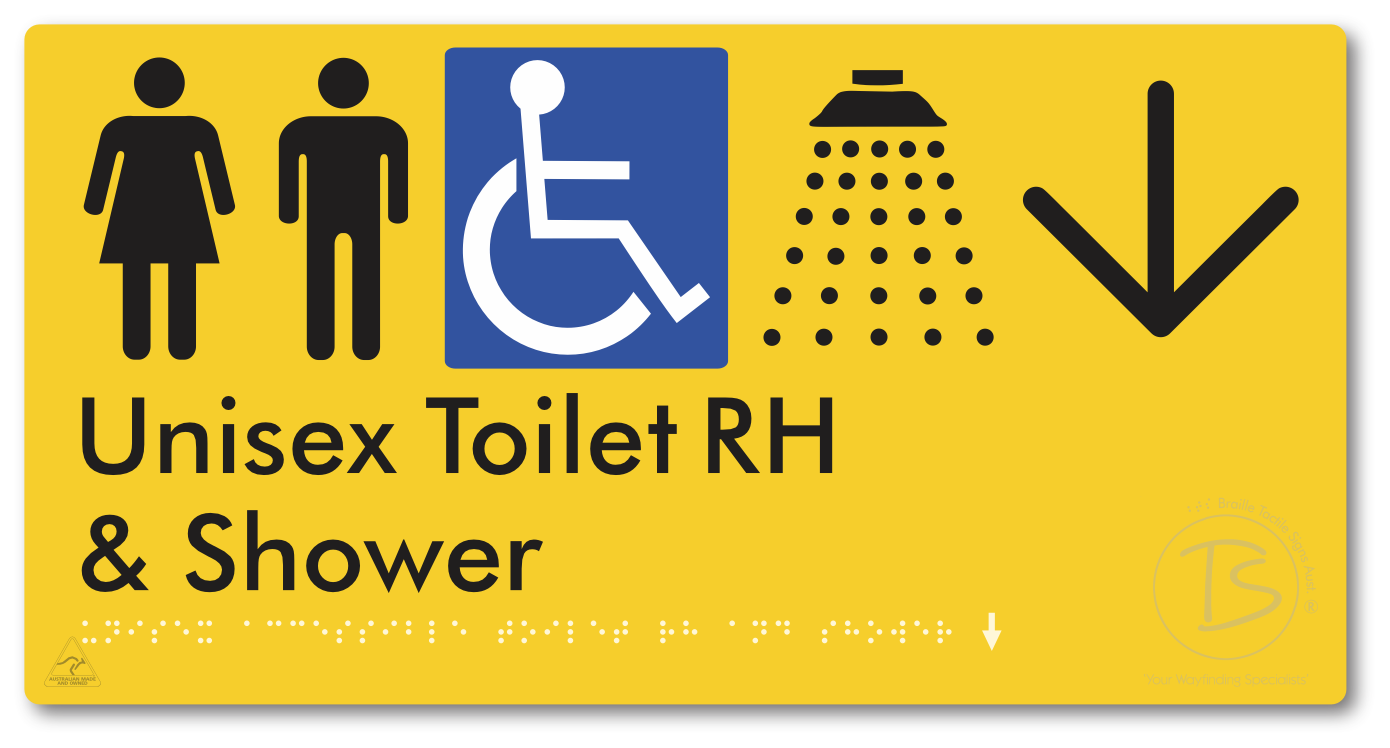 Unisex Accessible Toilet RH & Shower with Large Directional Arrow - Braille Tactile Signs Aust.