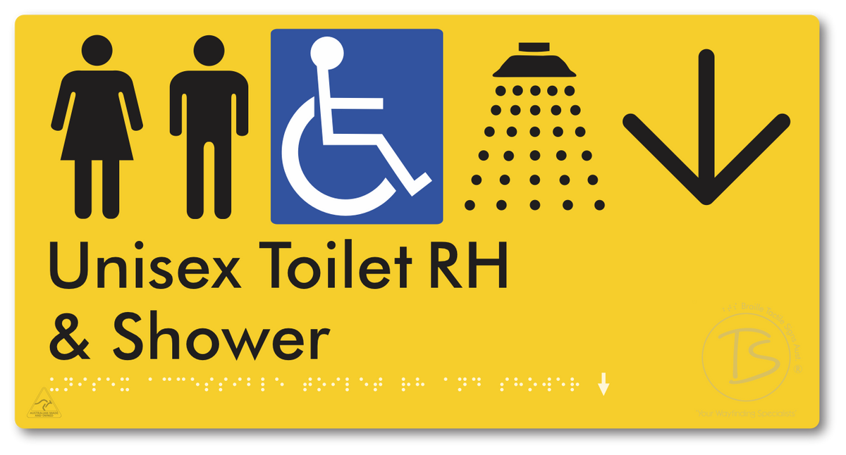 Unisex Accessible Toilet RH & Shower with Large Directional Arrow - Braille Tactile Signs Aust.