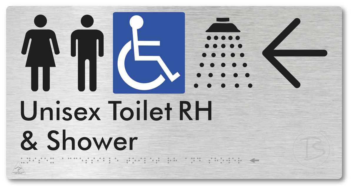 Unisex Accessible Toilet RH & Shower with Large Directional Arrow - Braille Tactile Signs Aust.