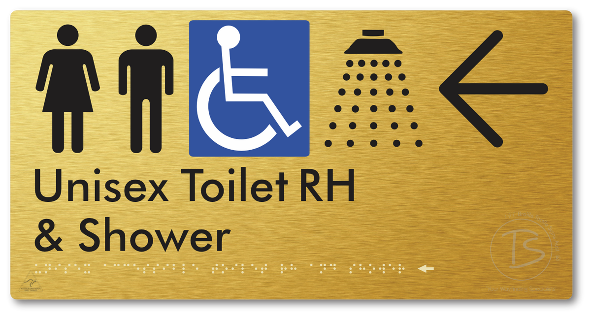 Unisex Accessible Toilet RH & Shower with Large Directional Arrow - Braille Tactile Signs Aust.