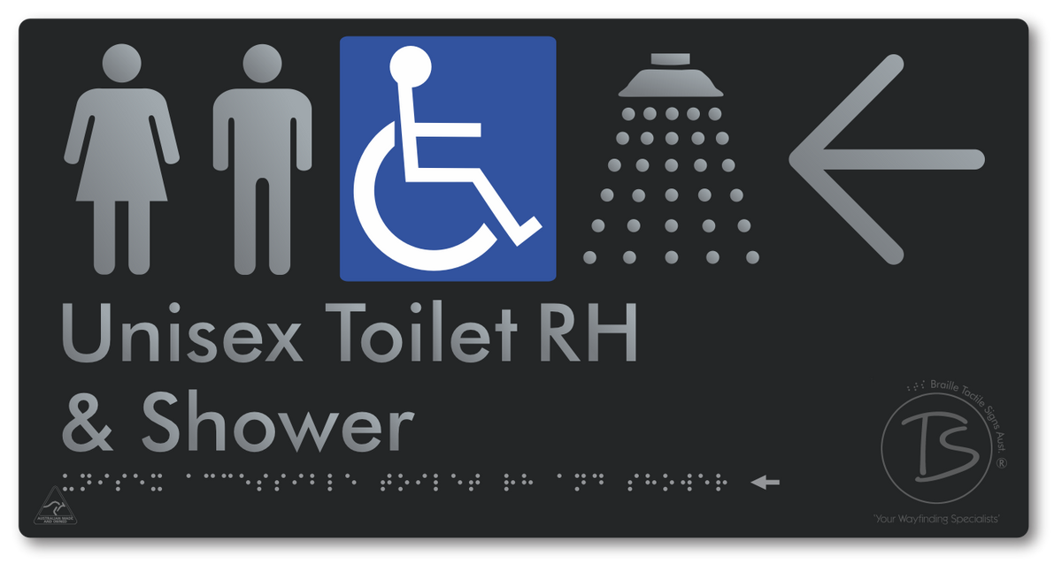 Unisex Accessible Toilet RH & Shower with Large Directional Arrow - Braille Tactile Signs Aust.