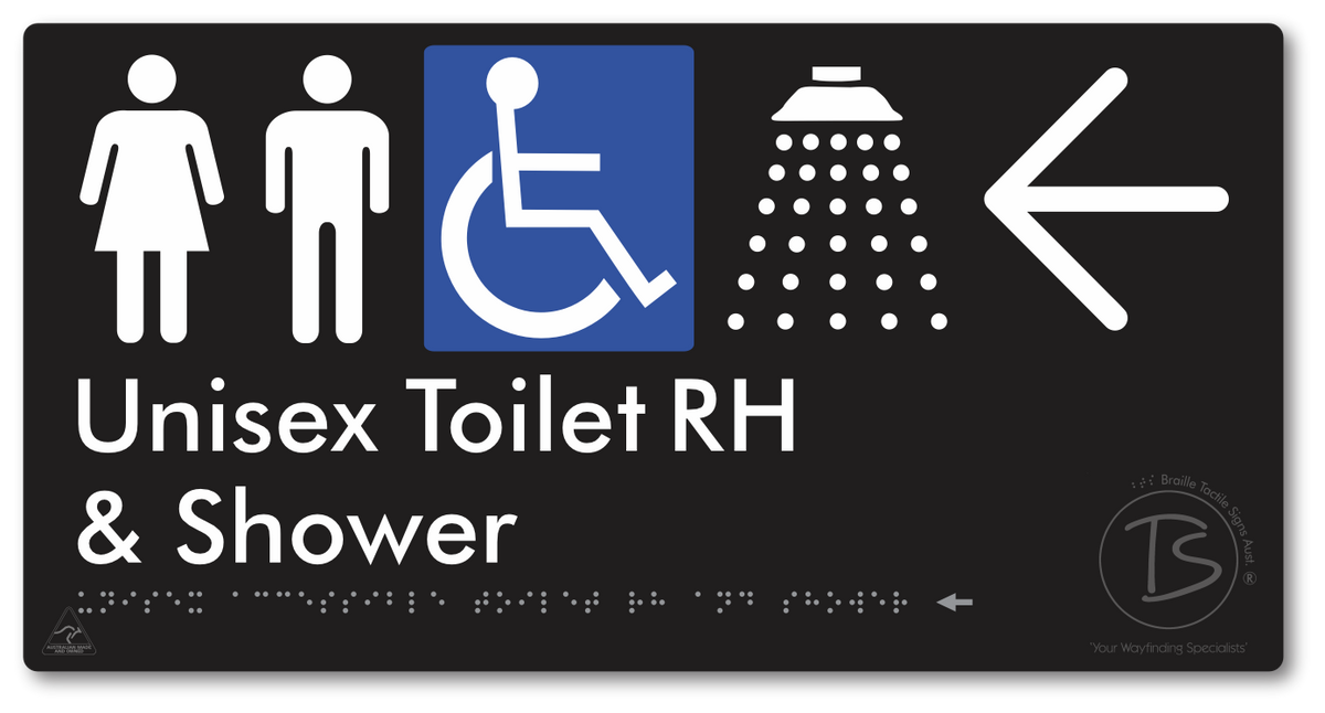 Unisex Accessible Toilet RH & Shower with Large Directional Arrow - Braille Tactile Signs Aust.