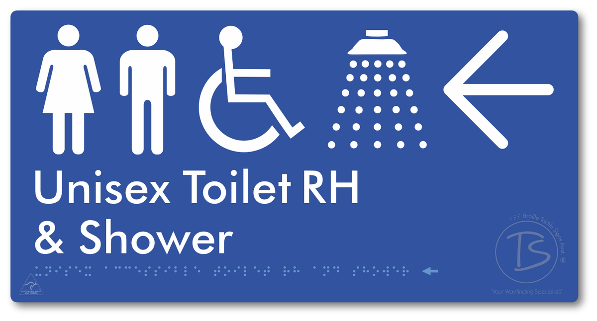 Unisex Accessible Toilet RH & Shower with Large Directional Arrow - Braille Tactile Signs Aust.