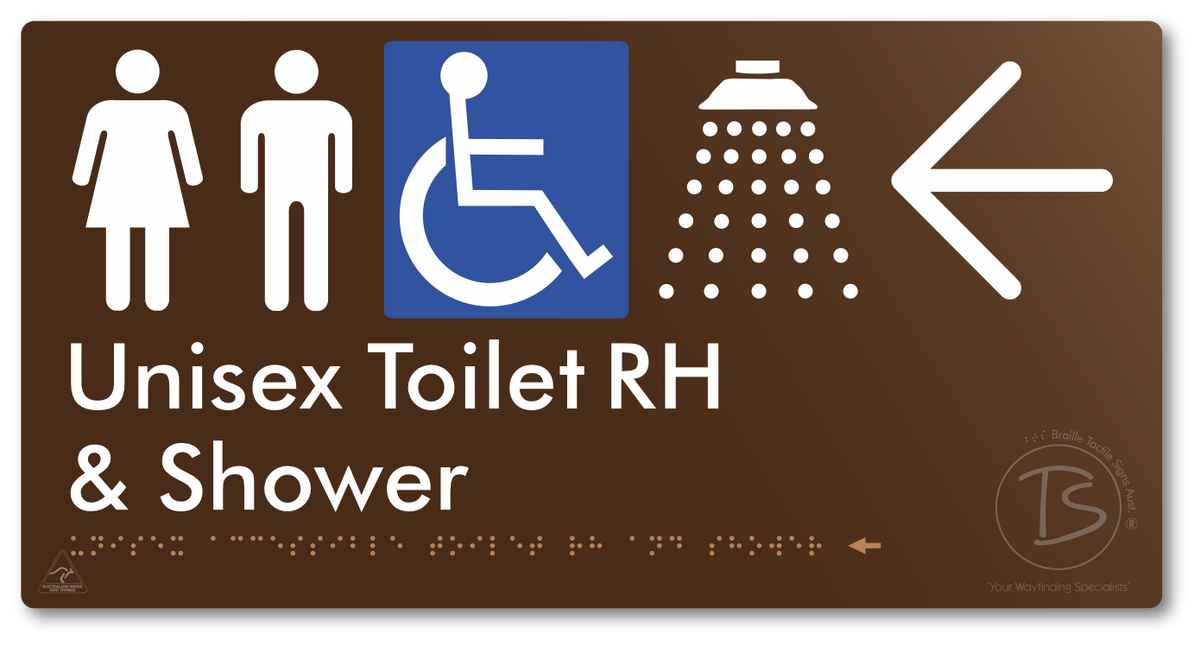 Unisex Accessible Toilet RH & Shower with Large Directional Arrow - Braille Tactile Signs Aust.