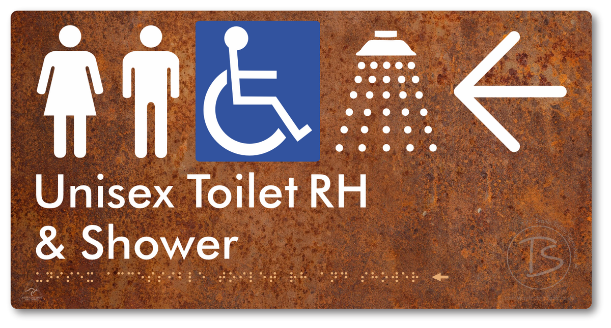 Unisex Accessible Toilet RH & Shower with Large Directional Arrow - Braille Tactile Signs Aust.