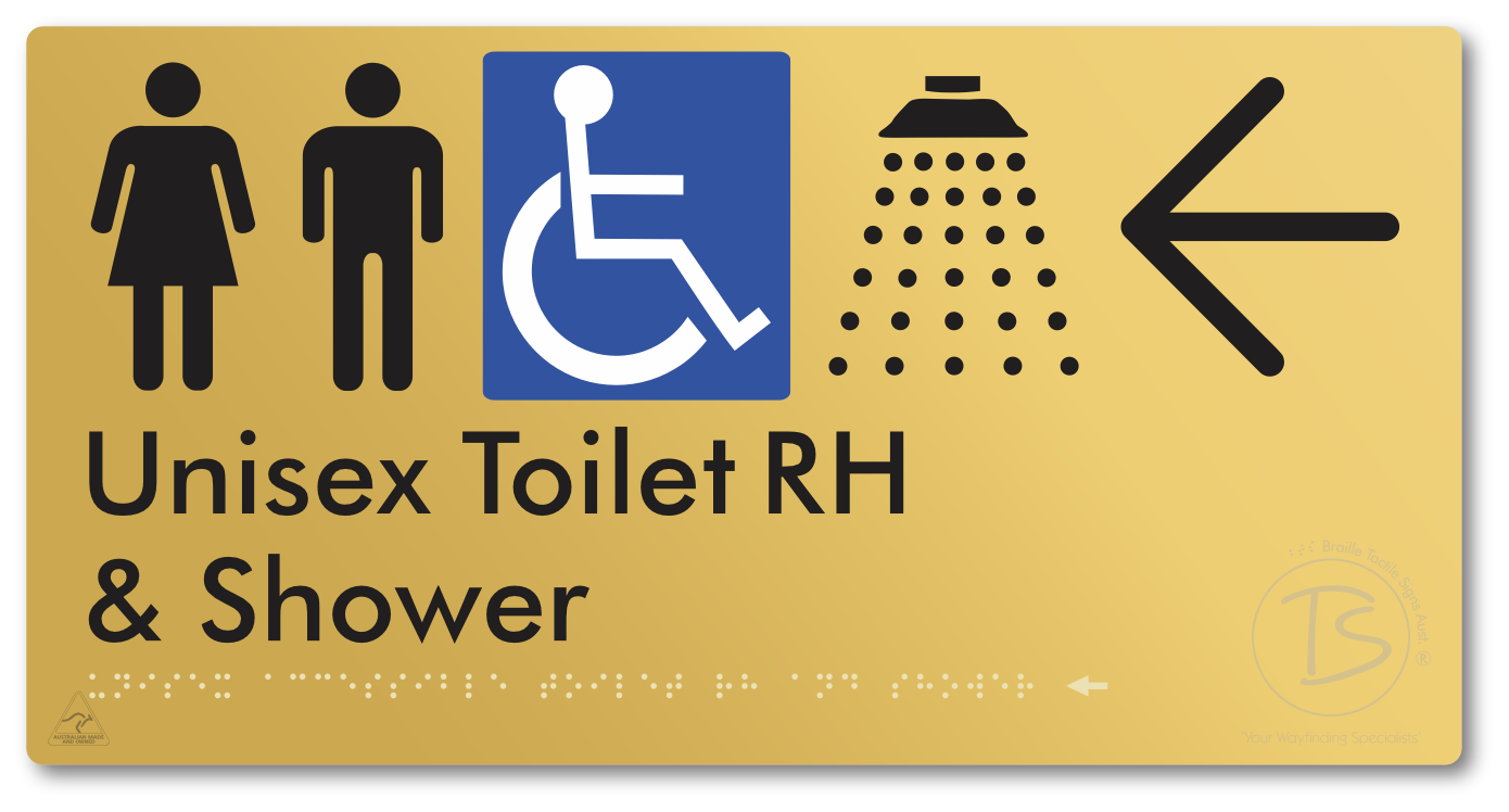 Unisex Accessible Toilet RH & Shower with Large Directional Arrow - Braille Tactile Signs Aust.