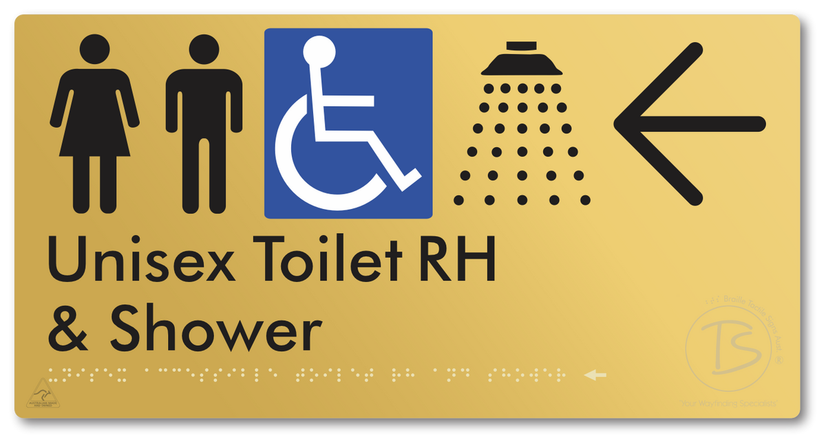 Unisex Accessible Toilet RH & Shower with Large Directional Arrow - Braille Tactile Signs Aust.