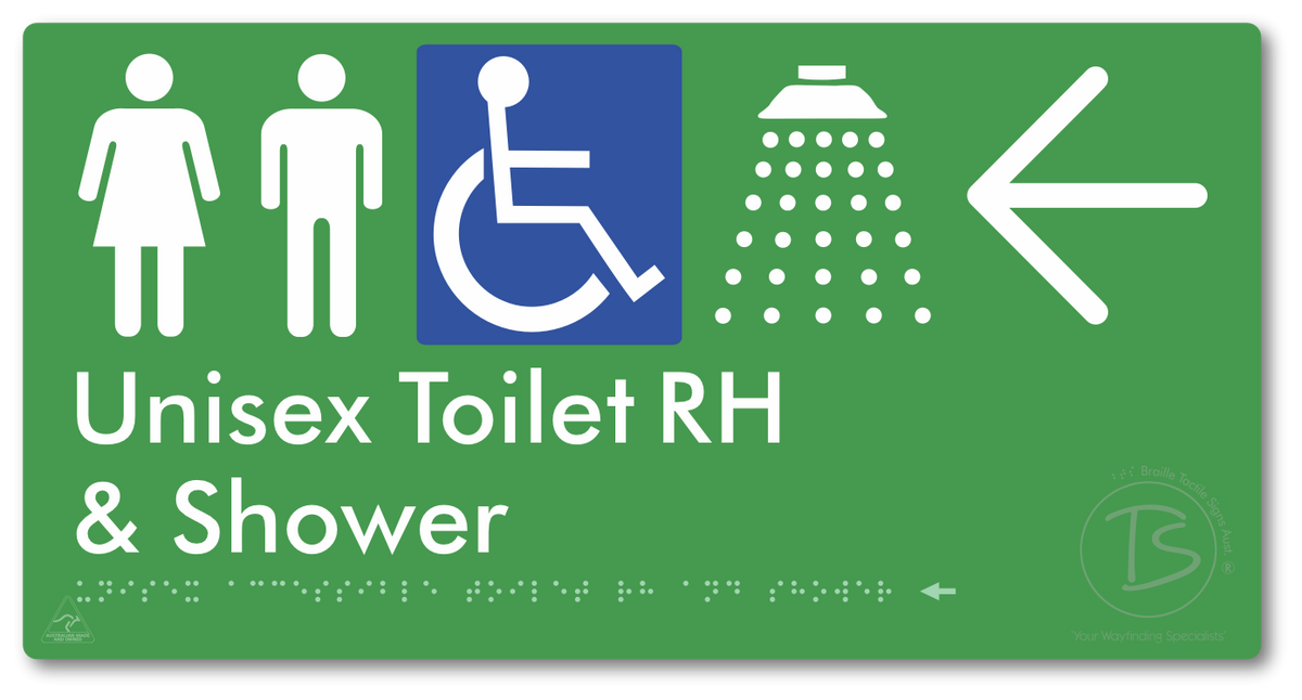 Unisex Accessible Toilet RH & Shower with Large Directional Arrow - Braille Tactile Signs Aust.
