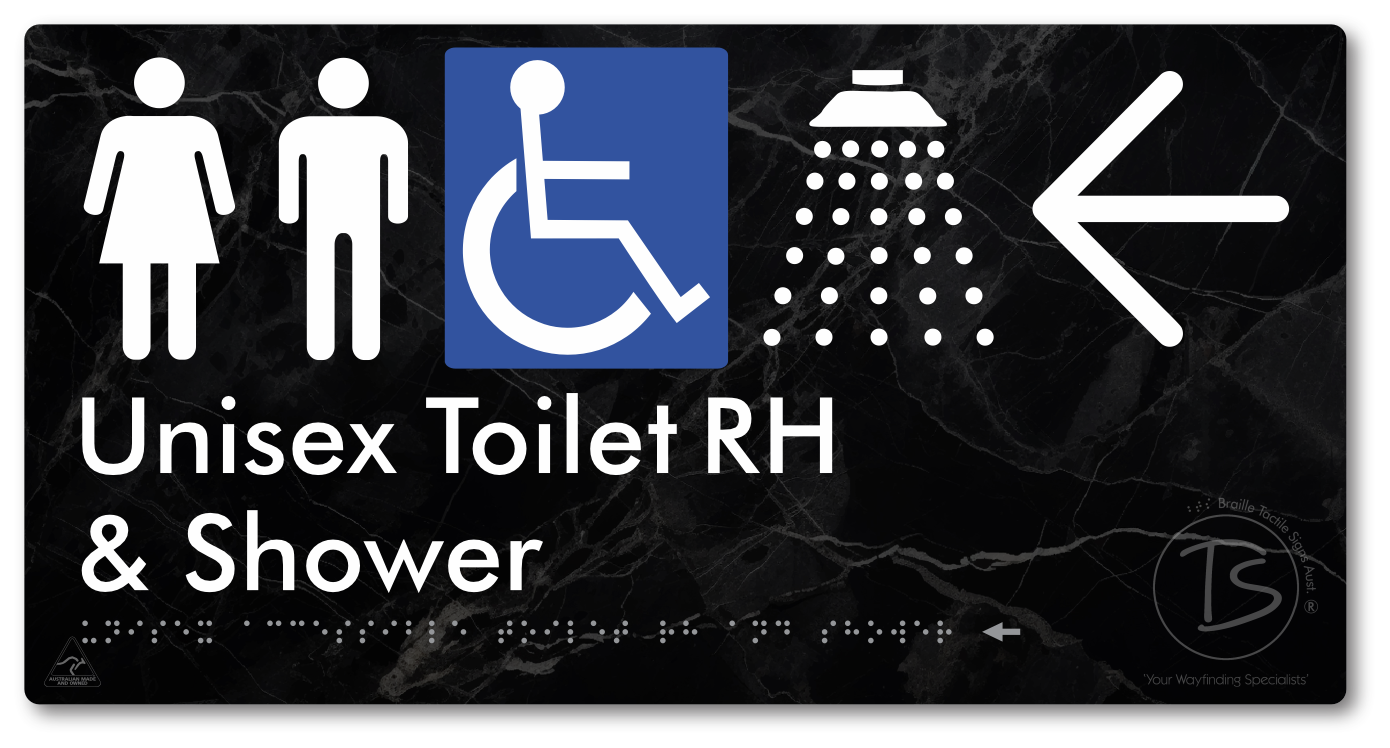 Unisex Accessible Toilet RH & Shower with Large Directional Arrow - Braille Tactile Signs Aust.