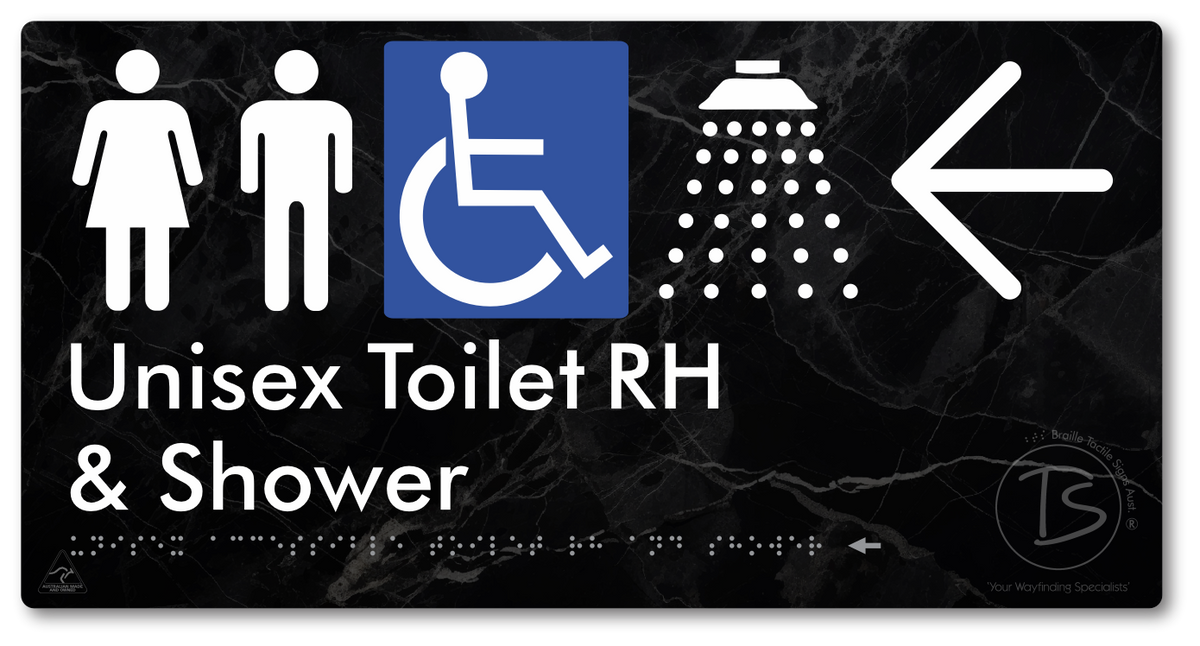Unisex Accessible Toilet RH & Shower with Large Directional Arrow - Braille Tactile Signs Aust.