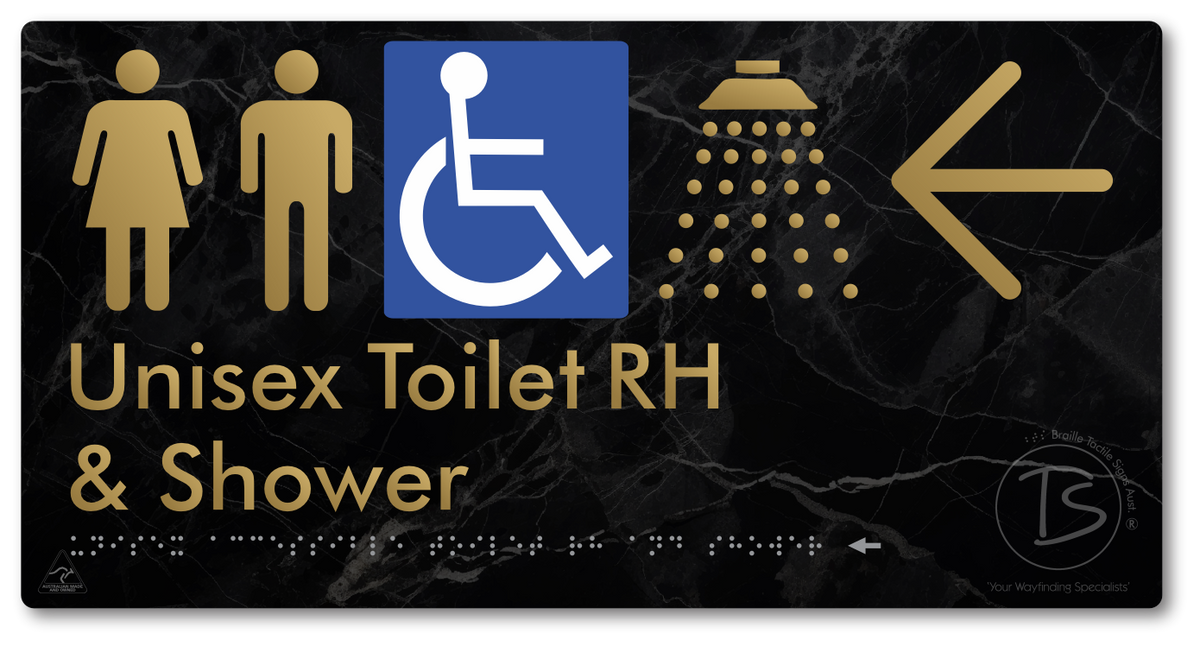 Unisex Accessible Toilet RH & Shower with Large Directional Arrow - Braille Tactile Signs Aust.
