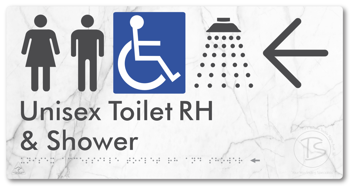 Unisex Accessible Toilet RH & Shower with Large Directional Arrow - Braille Tactile Signs Aust.