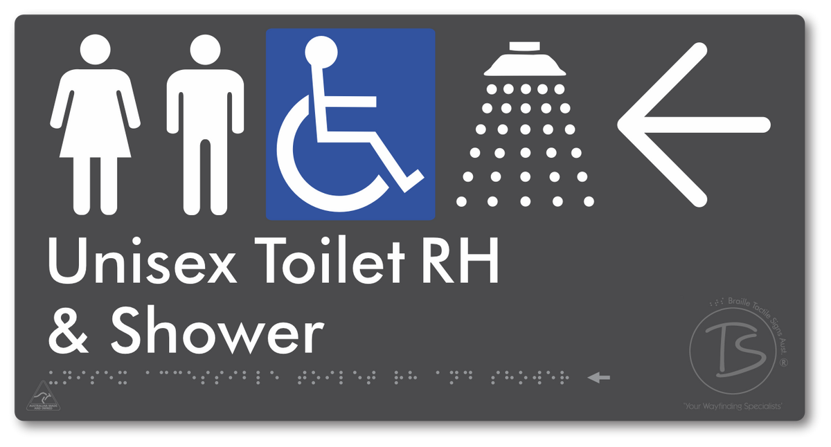 Unisex Accessible Toilet RH & Shower with Large Directional Arrow - Braille Tactile Signs Aust.