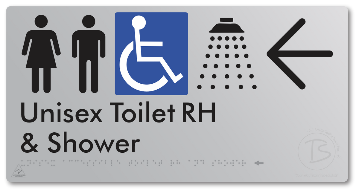 Unisex Accessible Toilet RH & Shower with Large Directional Arrow - Braille Tactile Signs Aust.