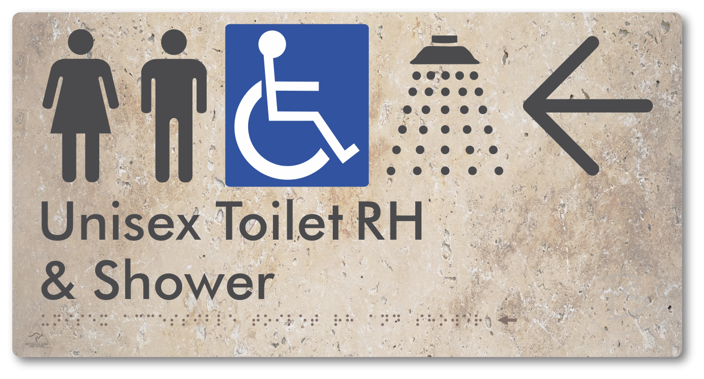 Unisex Accessible Toilet RH & Shower with Large Directional Arrow - Braille Tactile Signs Aust.