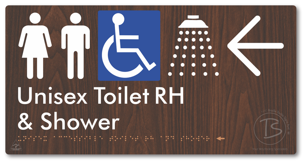 Unisex Accessible Toilet RH & Shower with Large Directional Arrow - Braille Tactile Signs Aust.