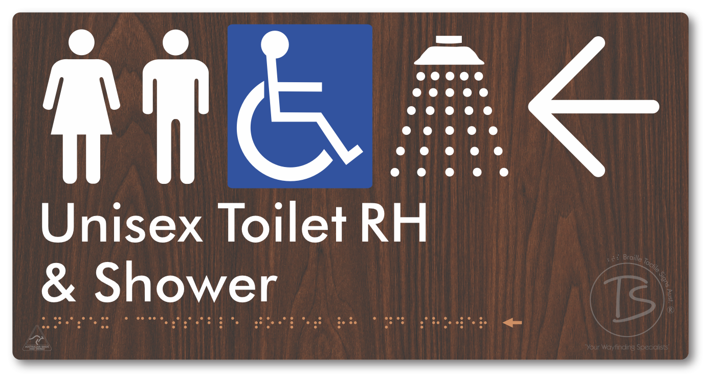 Unisex Accessible Toilet RH & Shower with Large Directional Arrow - Braille Tactile Signs Aust.