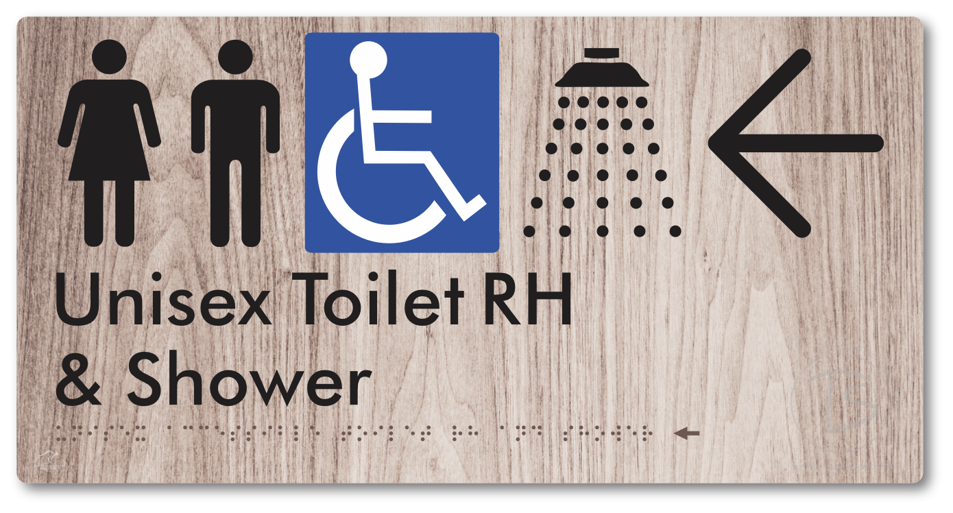 Unisex Accessible Toilet RH & Shower with Large Directional Arrow - Braille Tactile Signs Aust.