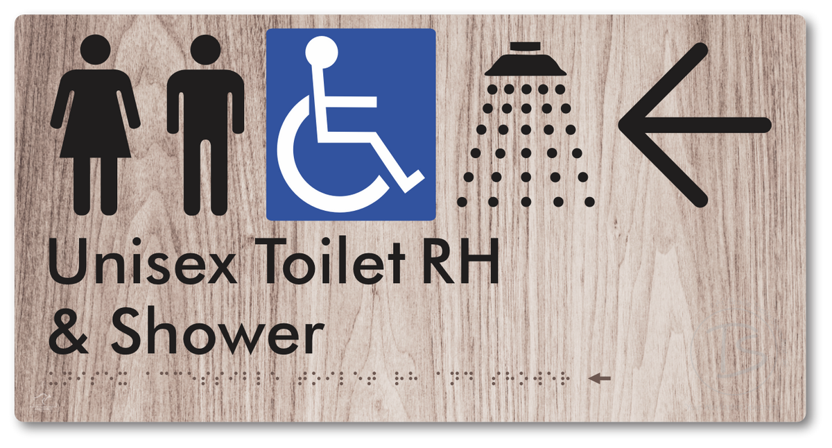 Unisex Accessible Toilet RH & Shower with Large Directional Arrow - Braille Tactile Signs Aust.