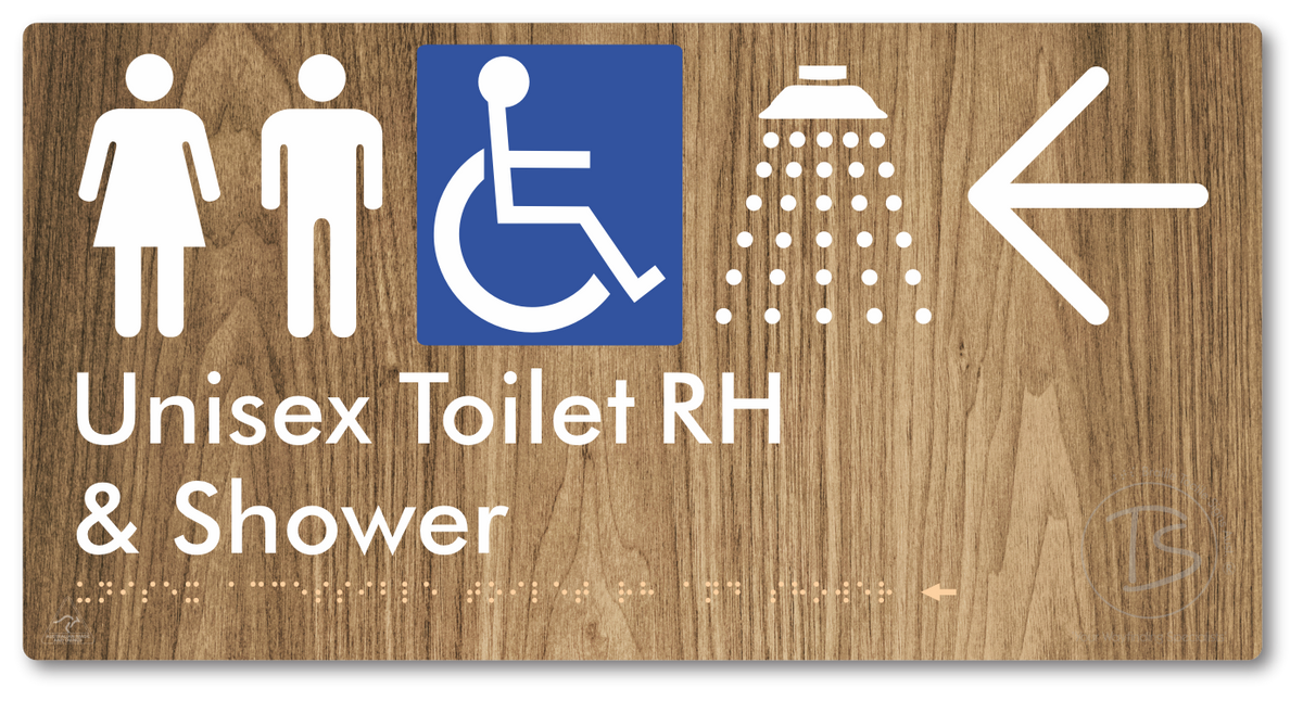 Unisex Accessible Toilet RH & Shower with Large Directional Arrow - Braille Tactile Signs Aust.