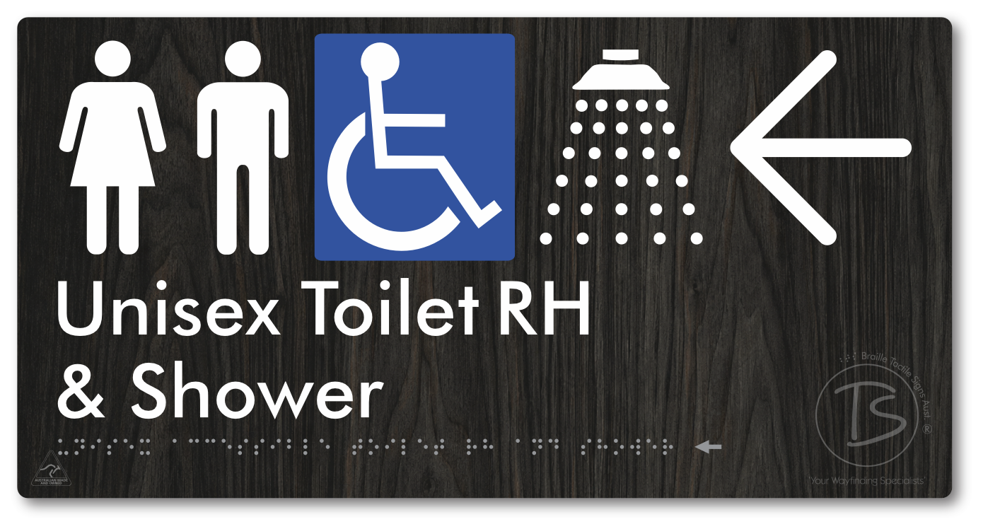 Unisex Accessible Toilet RH & Shower with Large Directional Arrow - Braille Tactile Signs Aust.
