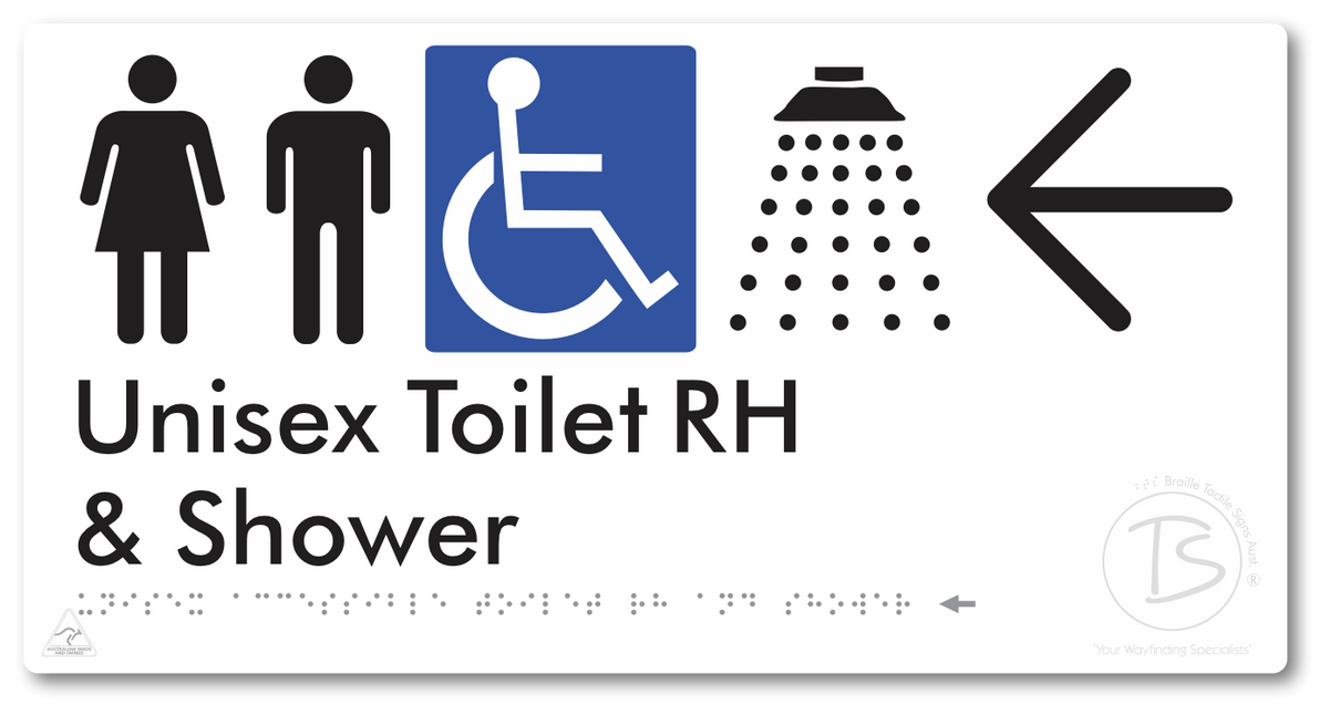 Unisex Accessible Toilet RH & Shower with Large Directional Arrow - Braille Tactile Signs Aust.