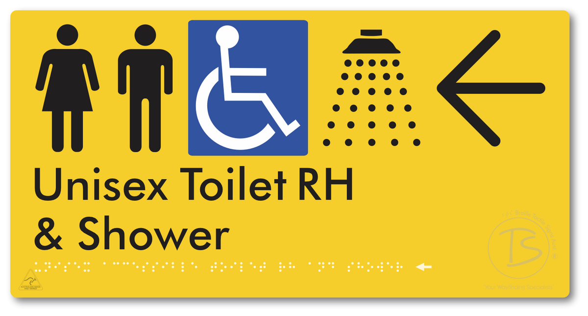 Unisex Accessible Toilet RH & Shower with Large Directional Arrow - Braille Tactile Signs Aust.