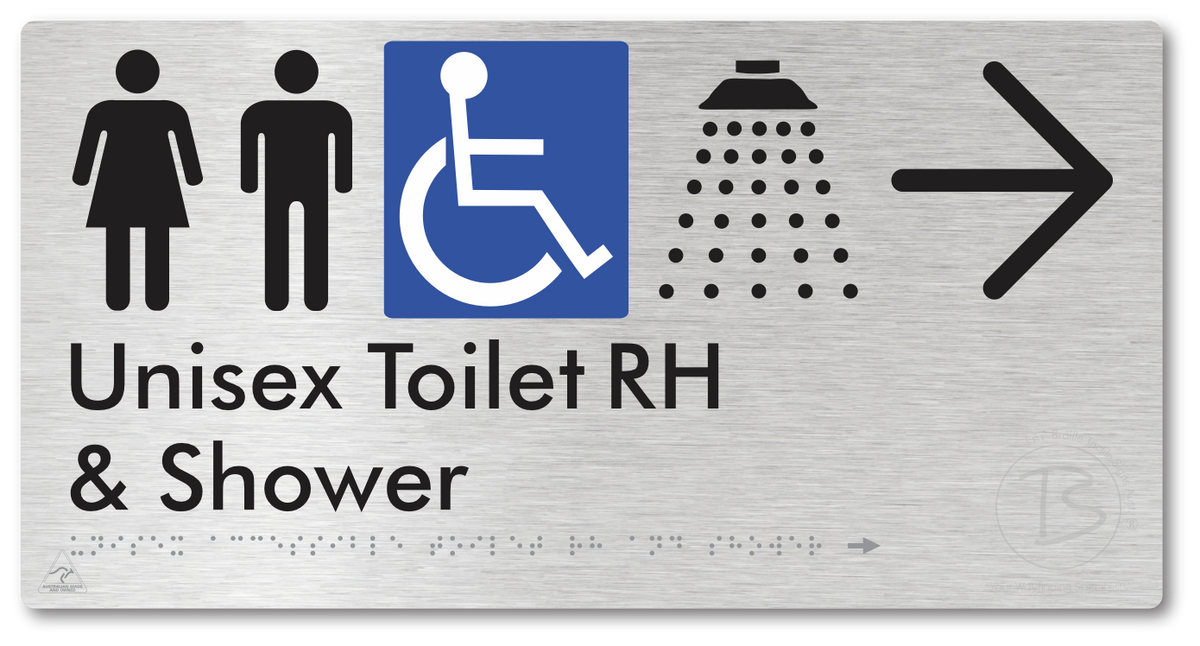 Unisex Accessible Toilet RH & Shower with Large Directional Arrow - Braille Tactile Signs Aust.