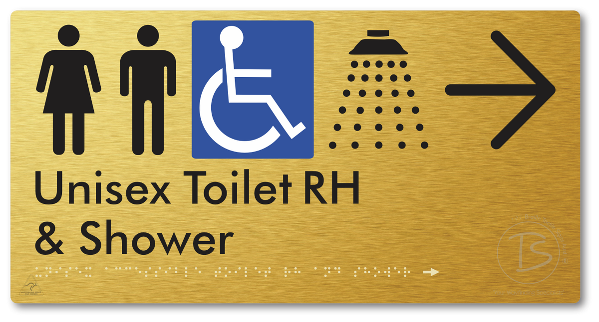 Unisex Accessible Toilet RH & Shower with Large Directional Arrow - Braille Tactile Signs Aust.