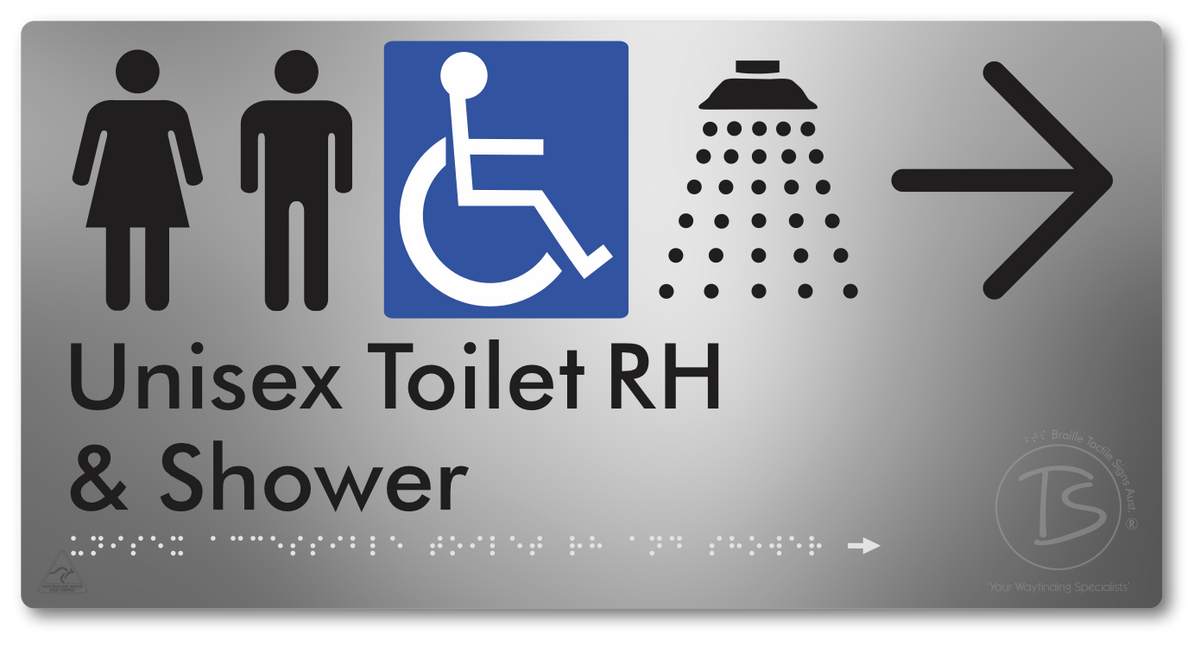 Unisex Accessible Toilet RH & Shower with Large Directional Arrow - Braille Tactile Signs Aust.