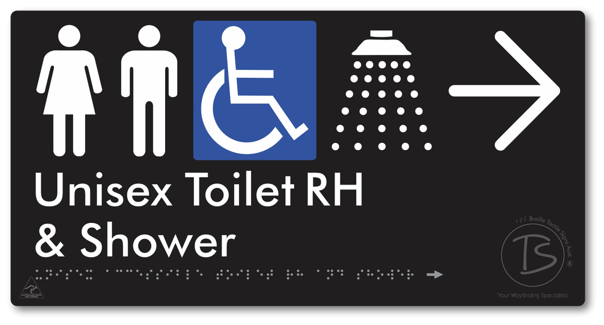 Unisex Accessible Toilet RH & Shower with Large Directional Arrow - Braille Tactile Signs Aust.