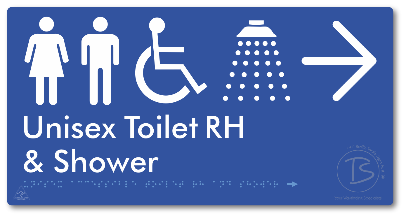 Unisex Accessible Toilet RH & Shower with Large Directional Arrow - Braille Tactile Signs Aust.