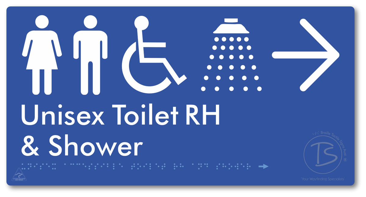 Unisex Accessible Toilet RH & Shower with Large Directional Arrow - Braille Tactile Signs Aust.