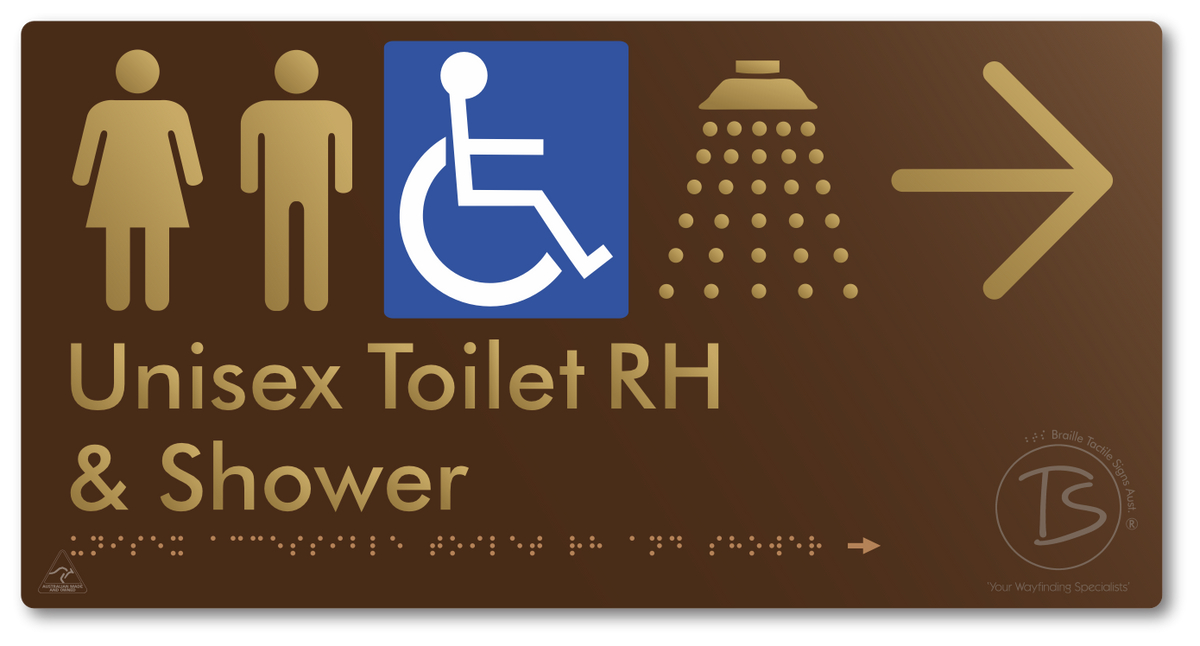 Unisex Accessible Toilet RH & Shower with Large Directional Arrow - Braille Tactile Signs Aust.