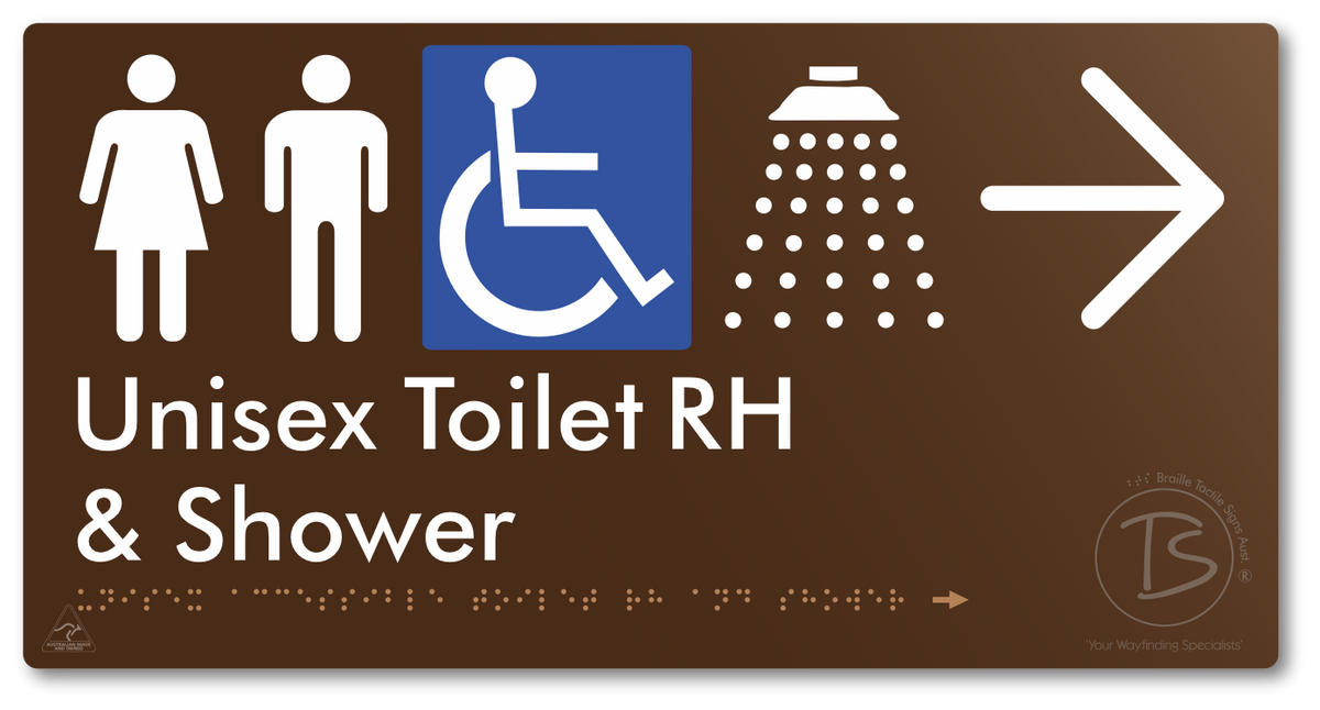 Unisex Accessible Toilet RH & Shower with Large Directional Arrow - Braille Tactile Signs Aust.