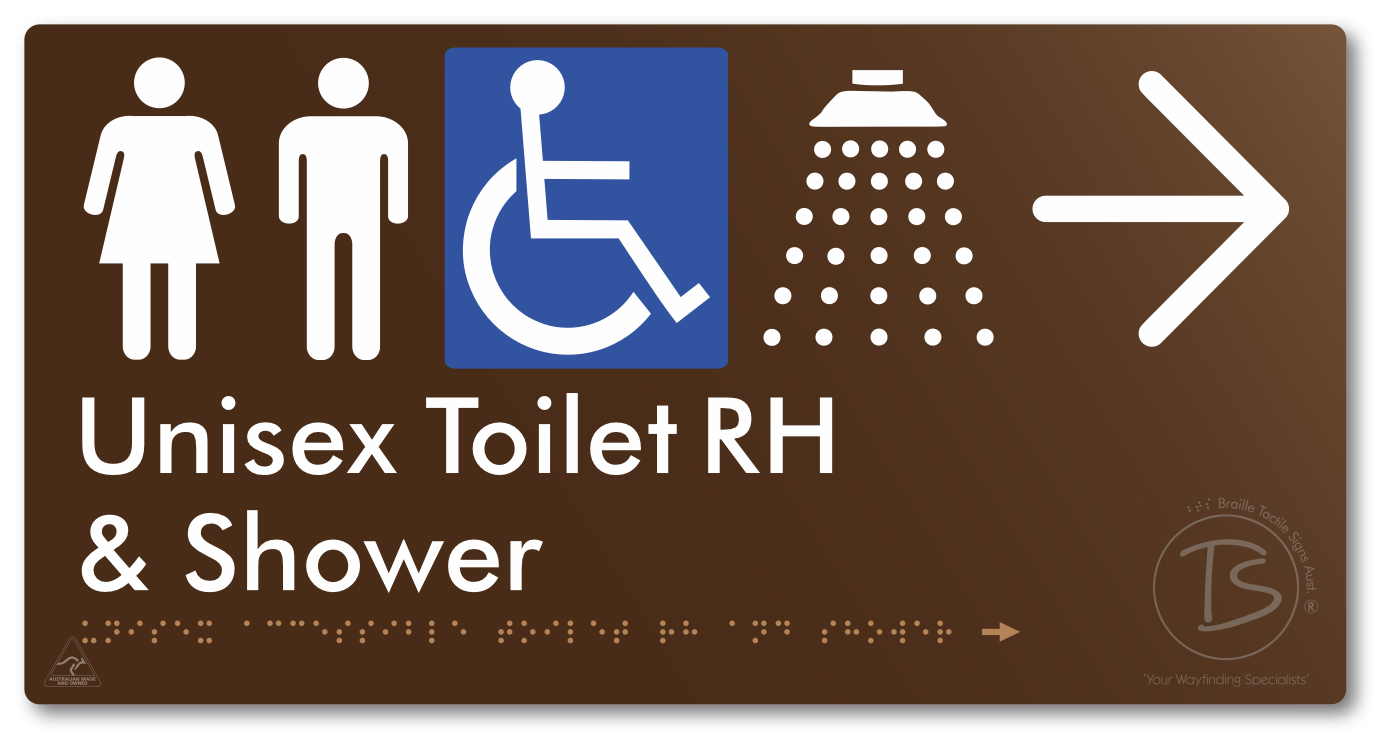 Unisex Accessible Toilet RH & Shower with Large Directional Arrow - Braille Tactile Signs Aust.