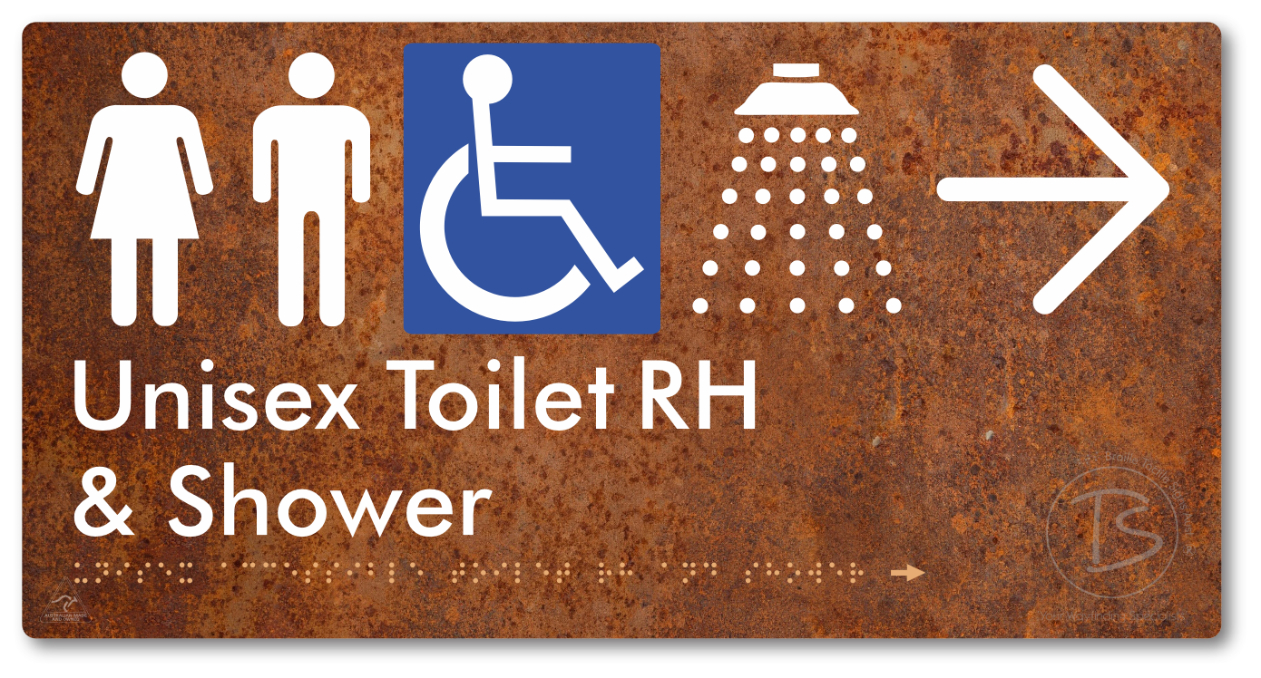 Unisex Accessible Toilet RH & Shower with Large Directional Arrow - Braille Tactile Signs Aust.