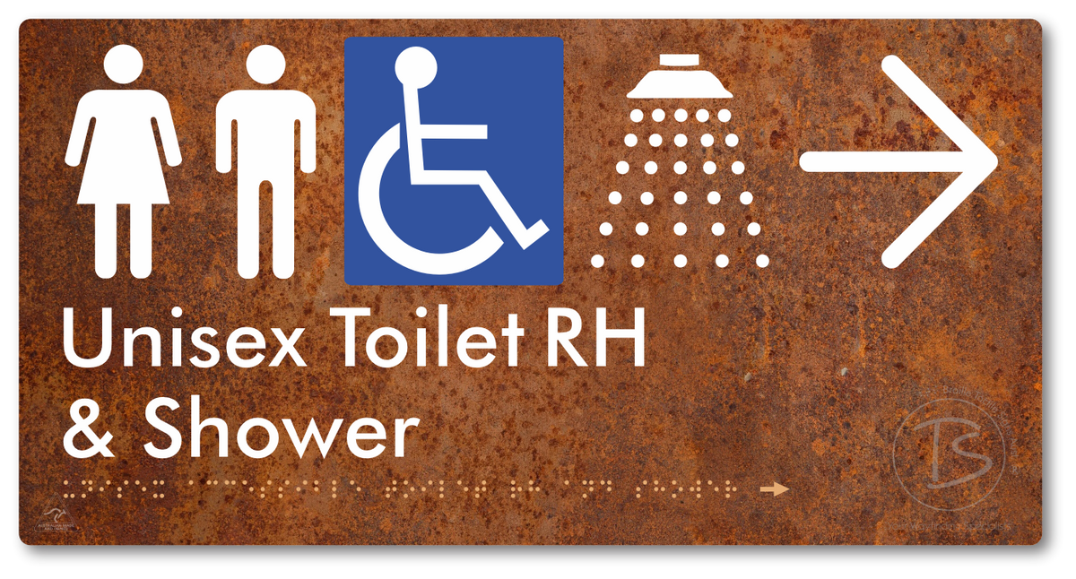 Unisex Accessible Toilet RH & Shower with Large Directional Arrow - Braille Tactile Signs Aust.