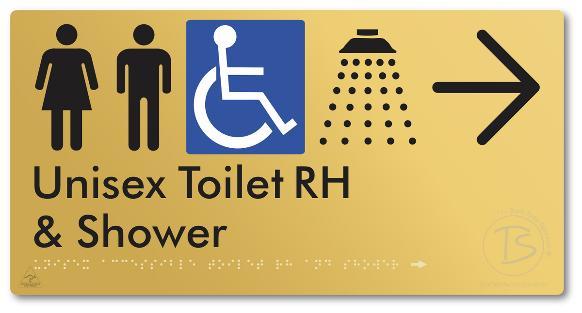 Unisex Accessible Toilet RH & Shower with Large Directional Arrow - Braille Tactile Signs Aust.