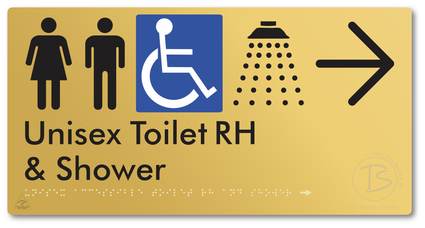 Unisex Accessible Toilet RH & Shower with Large Directional Arrow - Braille Tactile Signs Aust.