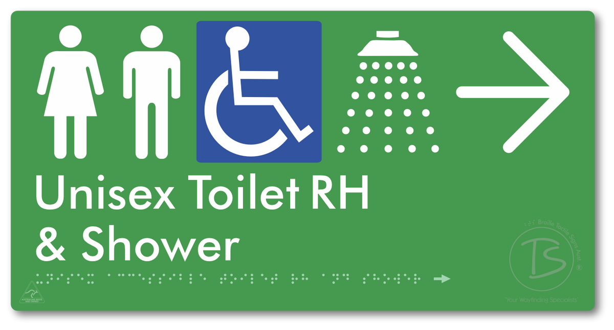 Unisex Accessible Toilet RH & Shower with Large Directional Arrow - Braille Tactile Signs Aust.