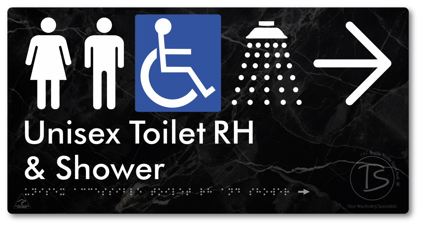 Unisex Accessible Toilet RH & Shower with Large Directional Arrow - Braille Tactile Signs Aust.