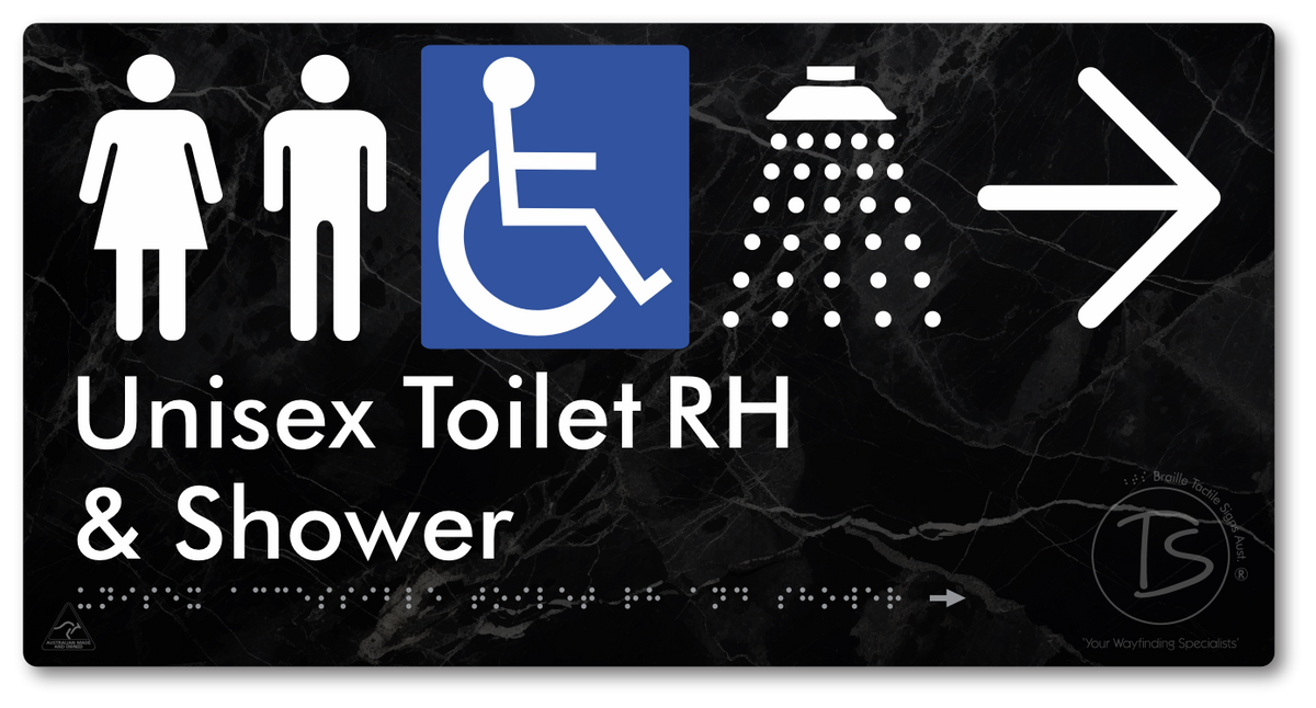 Unisex Accessible Toilet RH & Shower with Large Directional Arrow - Braille Tactile Signs Aust.