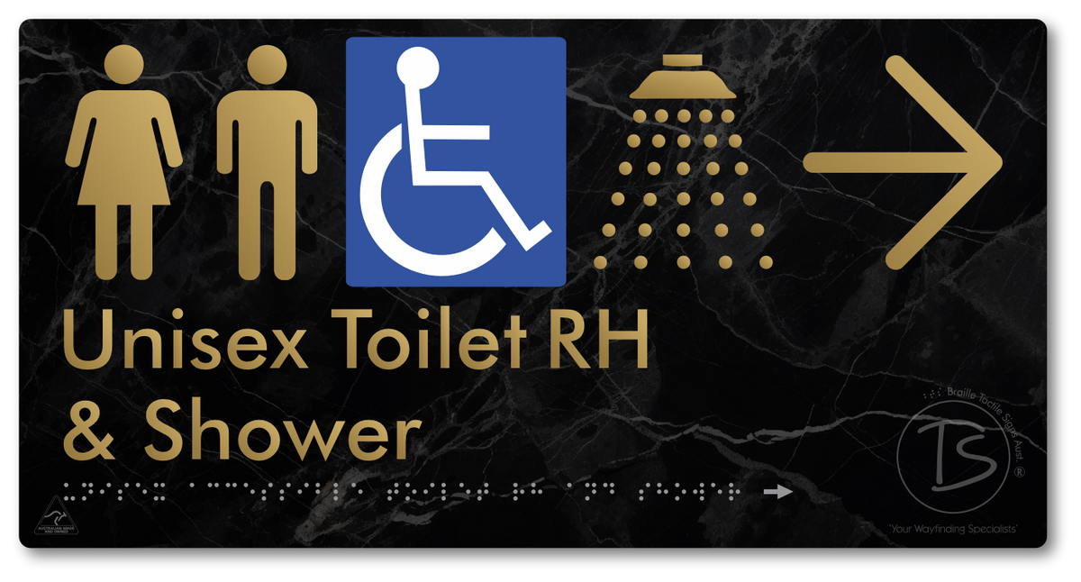 Unisex Accessible Toilet RH & Shower with Large Directional Arrow - Braille Tactile Signs Aust.