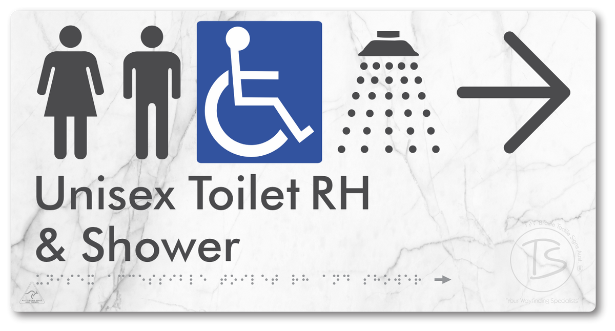 Unisex Accessible Toilet RH & Shower with Large Directional Arrow - Braille Tactile Signs Aust.